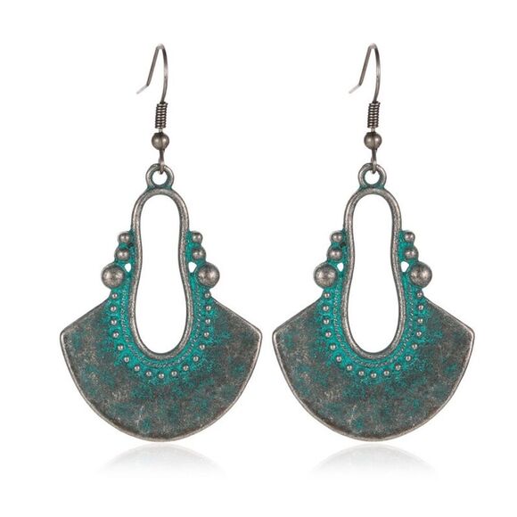 Bohemian Ethnic Vintage Style Turquoise Blue Dangle Earrings Fan Shape - Picture 1 of 8